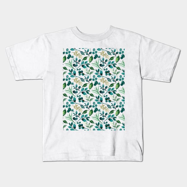 Green Watercolour leaf pattern Kids T-Shirt by MarjanShop